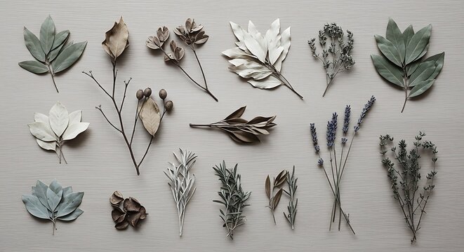 Assortment of Dried and Painted Botanical Elements on a Light Gray Background.