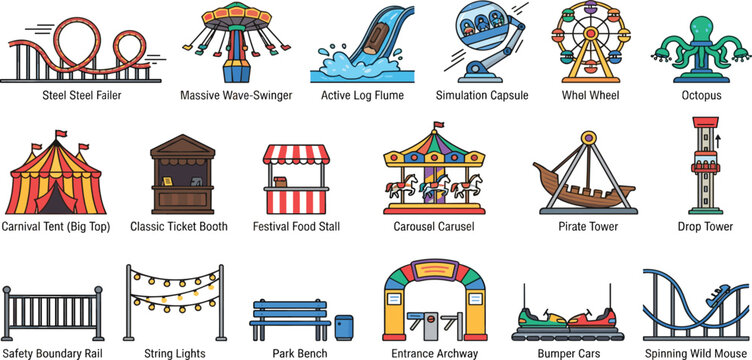 Amusement Park Vector Icon Set Featuring Rollercoasters, Ferris Wheels, Carousels, Carnival Tents, and Theme Park Rides for Festival Map and Event Graphic Designs