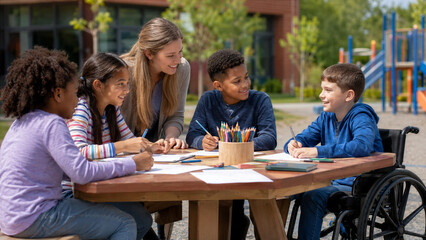 Obraz premium Outdoor learning activity with diverse children and a wheelchair user