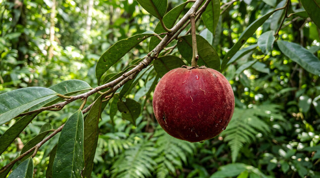Ripe mabolo fruit hanging on tree branch. Velvet apple ready for harvest in lush garden setting.