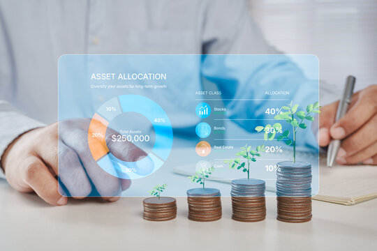 Asset Allocation Strategy Dashboard Showing Diversified Investment Portfolio with Stocks, Bonds, Real Estate and Cash Allocation for Long Term Wealth Growth and Financial Planning