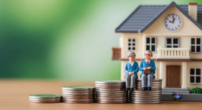 Senior couple sitting on stacks of coins in front of a toy house model illustration