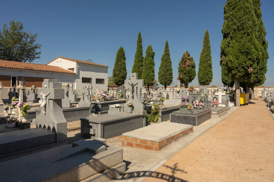 Spanish Cemetery Rows of Granite Crosses and Flower-Adorned Tombs Under Cypress Trees