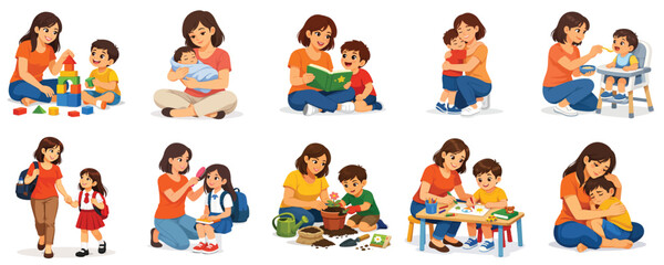 Fototapeta premium Vector of a mother lovingly caring for her child. Parents' Day theme. Vector, illustration, minimalist, flat