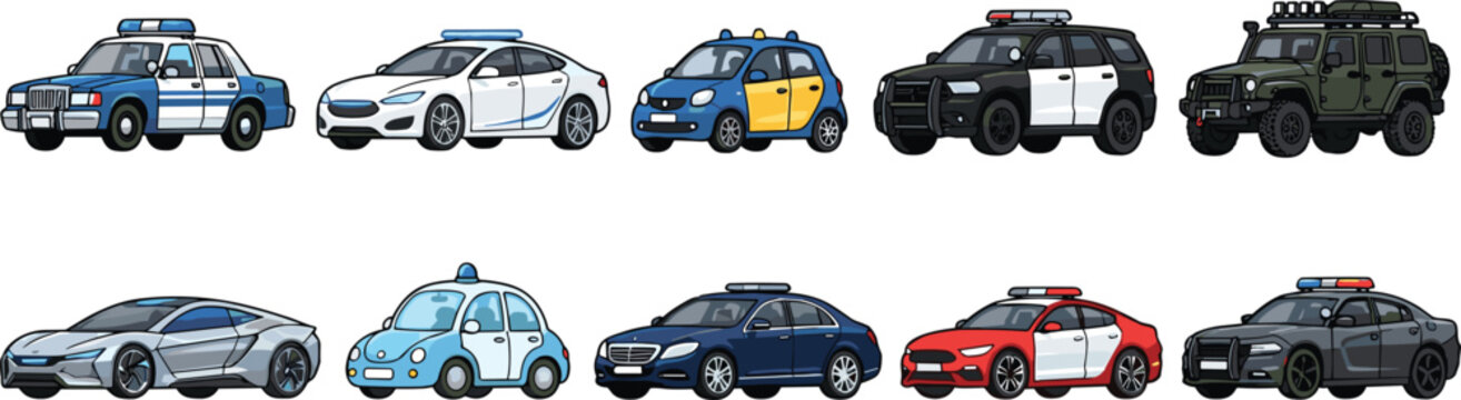Police car vector illustration set cop vehicle patrol transport automobile collection isolated on white background