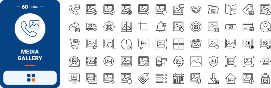 Media presentation line icon set. Vector pictograms of gallery, interface, multimedia, and layout elements, thin linear illustration.