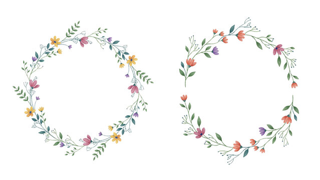 Watercolor floral wreath set. Hand painted botanical frame isolated on transparent background