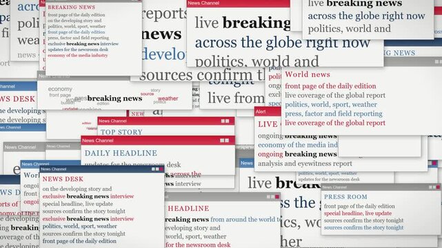 Breaking news newspaper headline collage with journalism and press media seamless loop