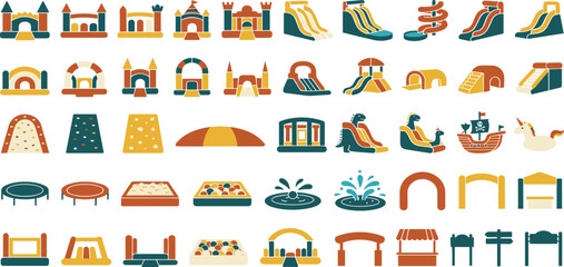 Inflatable Bouncy Castle and Water Slide Vector Icon Set Featuring Trampolines, Obstacle Courses, Climbing Walls, and Pools for Children Party Rental Marketing Designs © MdSirazul