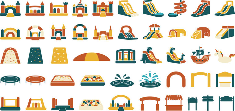 Inflatable Bouncy Castle and Water Slide Vector Icon Set Featuring Trampolines, Obstacle Courses, Climbing Walls, and Pools for Children Party Rental Marketing Designs