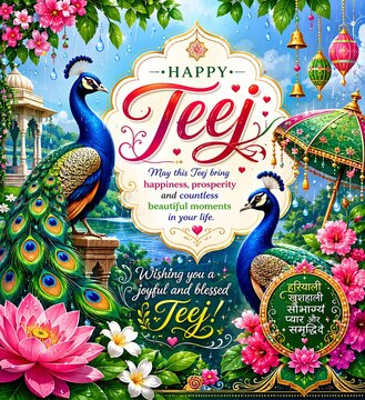 Hariyali Teej festive greeting with floral decorations and peacocks - ai generative
