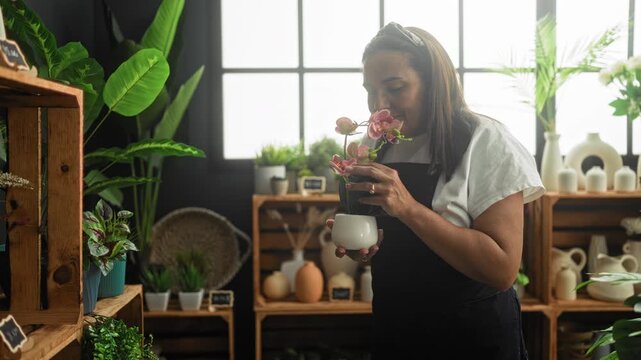 Woman florist smelling a potted orchid, holding the pot and wearing apron in studio; plant care calm.