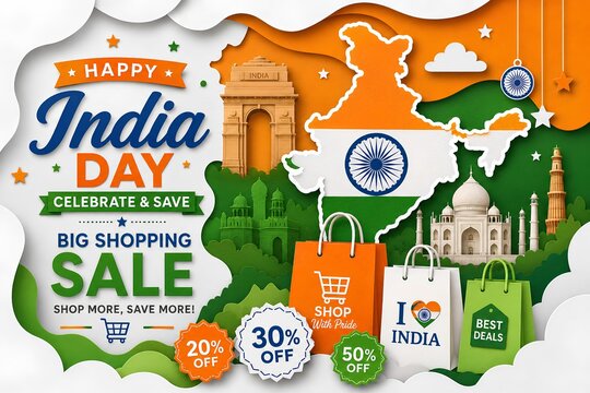 India Independence Day Sale banner with India map and monuments in a paper cut style - ai generative