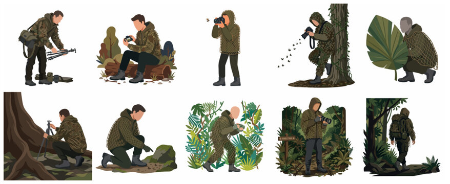 Collection of wildlife photographers in ghillie suits and camouflage gear, taking pictures in nature, vector illustration set