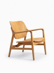 Fototapeta premium Mid-century modern wooden armchair, minimalist oak lounge chair with curved backrest, ergonomic scandinavian furniture design on white background