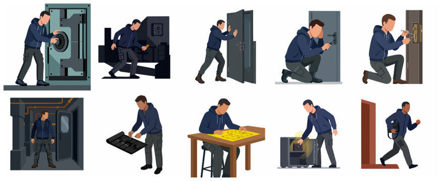 Burglar and thief character set committing crime, safe cracking and lockpicking vector illustration