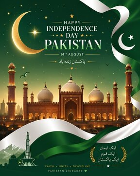 Pakistan Independence Day banner with Badshahi Mosque and a waving Pakistan flag - ai generative