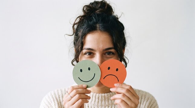 Young woman holding happy and sad face emoticon circles to show mental state with emotions psychology happiness