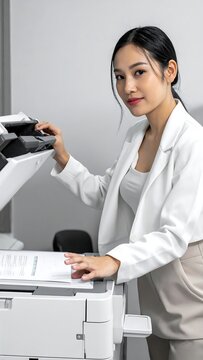 An Asian woman in a white blazer and tank top is operating an office photocopier, smiling at the camera
