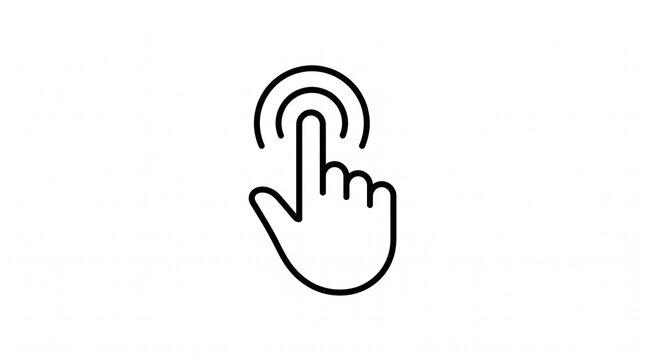 A minimalist black line icon featuring a hand with an extended index finger tapping or clicking, indicated by concentric ripple arcs above the fingertip, set against a plain white background