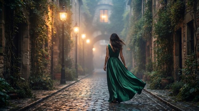 a graceful woman walking through a deserted old European alley illuminated by vintage lanterns
