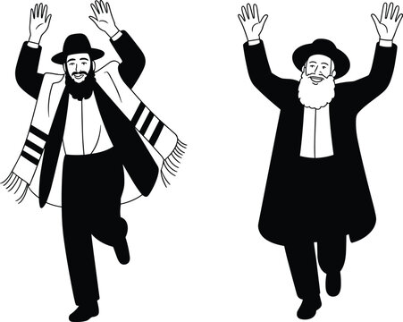 Black and white line art illustration of joyful Hasidic Jewish men dancing with raised hands wearing traditional clothing.