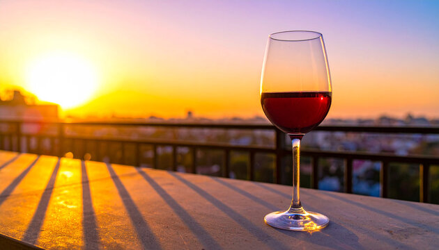 Glass of Red Wine at Sunset: A solitary glass of rich red wine sits on a table, catching the warm, golden hues of a vibrant sunset over a distant cityscape.