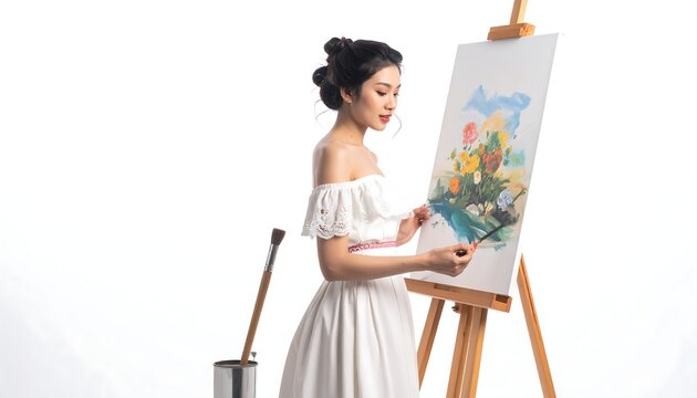 An Asian woman in a white dress paints a floral still life on a canvas mounted on an easel. A brush sits nearby