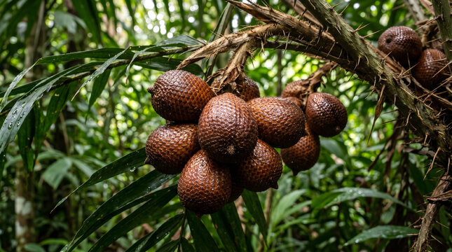 Fresh salak fruit cluster hanging on palm tree. Exotic snake fruit ready for harvest in tropical orchard.