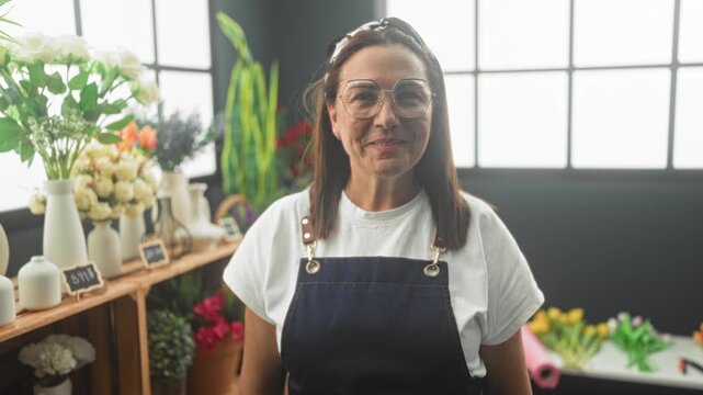 Woman florist in apron smiling at camera with bouquets and vases in a studio; warmth community craft.