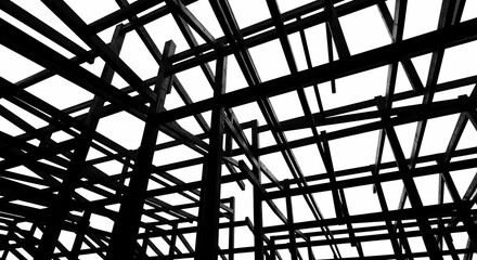 Fototapeta premium Steel frame structure displays an unfinished architectural skeleton against a bright white background.