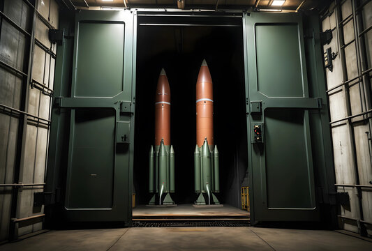 Two intercontinental ballistic missiles in a dark underground silo with open blast doors, military defense and strategic weaponry
