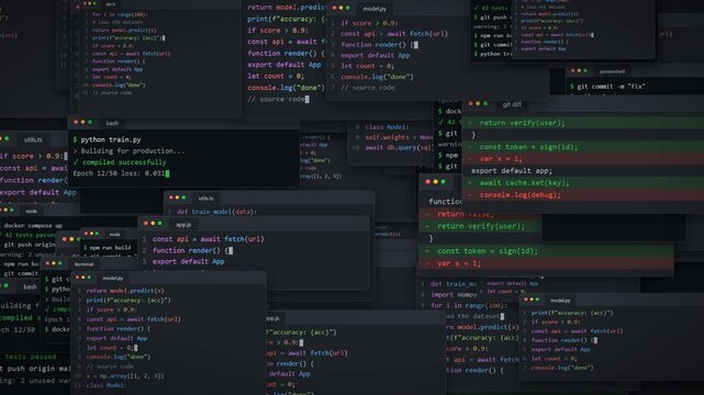 Programming source code editor windows collage with software development terminals loop