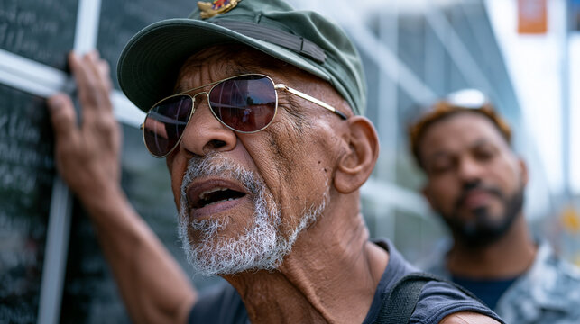 Elderly Vietnam veteran in a garrison cap stands before a traveling memorial wall, one hand pressed to a name etched in the surface, mouth slightly open, a younger veteran standing silently beside h