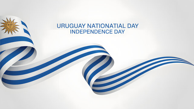 Uruguay National Celebration Day ribbon with flag colors and sun. Elegant patriotic banner for independence anniversary events and official promoti...