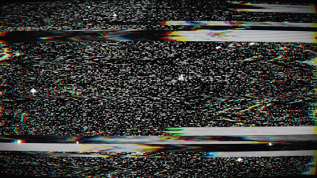 VHS Static Noise Glitch Overlay with Tracking Lines and RGB Distortion on Black Background