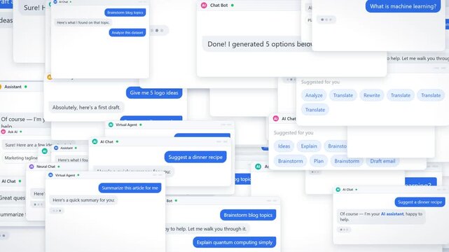 Artificial intelligence chatbot conversation interface collage with chat message bubbles loop