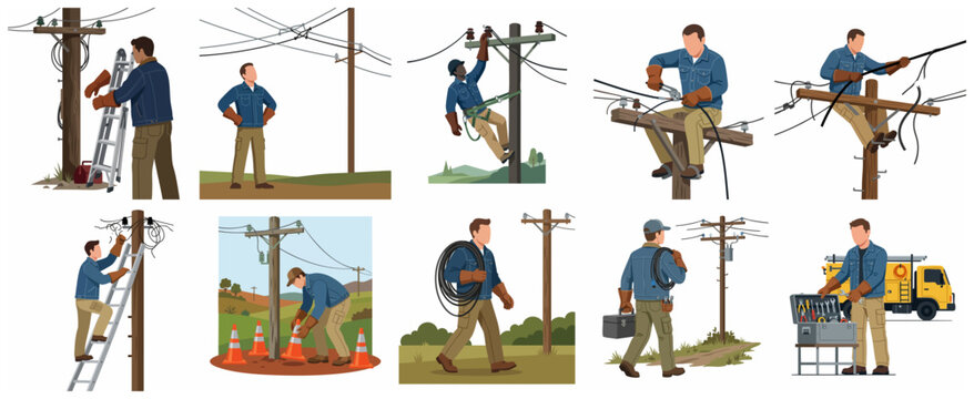 Set of professional electrician lineman characters working on high voltage power poles and utility lines illustration
