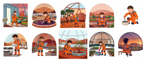 Cartoon illustration set of a young boy astronaut gardening and farming inside a futuristic greenhouse dome on planet Mars © Leann