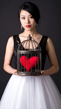 An Asian woman in formal attire holds a birdcage with a red heart. She has dark hair, dark eyes, and red lipstick. The backdrop is black