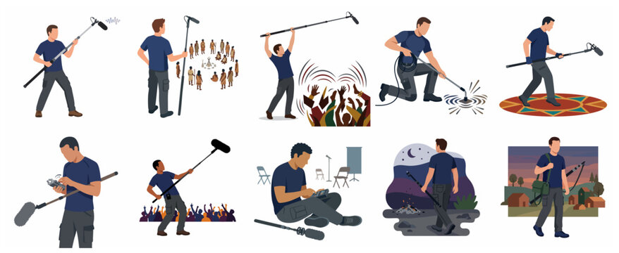 Set of professional sound recordist and boom operator characters in various locations for film and media production