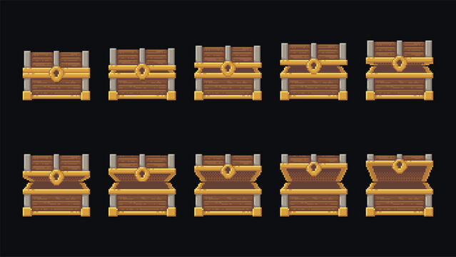 Pixel art set of treasure chest frames showing opening sequence. Game asset for animation, loot systems, rewards and fantasy interface elements.