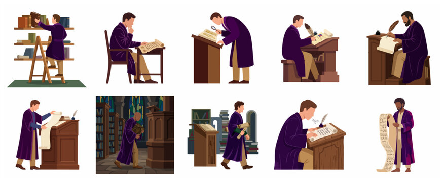 Medieval Scholar and Scribe Character Set: Monks Reading, Writing Scrolls, and Researching in Library