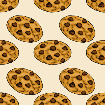 Seamless pattern with delicious chocolate chip cookies, vector hand drawn illustration