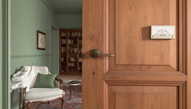 Wooden door with chair inside room.
