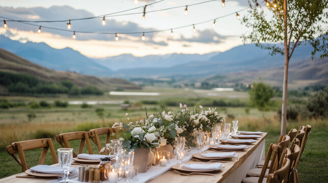 Ai Outdoor wedding dinner setup with long table and decorations at sunset in mountain landscape