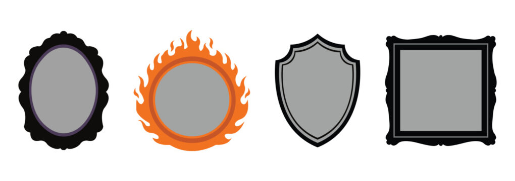 Set of ornate decorative frame vector icons mirror shield fire border