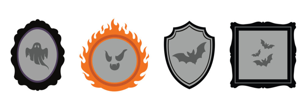 Spooky halloween mirror frame set with ghost bat and monster face