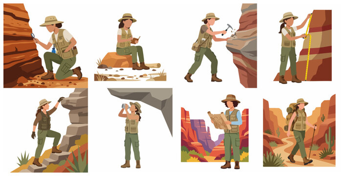 Set of Flat Vector Illustrations of Female Geologists and Explorers Working in Canyon, Examining Rocks, Mapping Terrain, and Hiking in the Desert