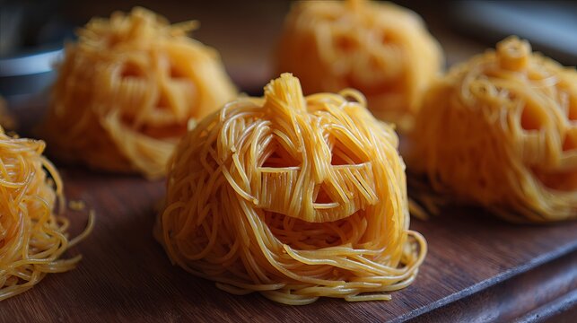 Festive halloween spaghetti squash faces, a playful autumn treat, carved with spooky smiles and vibrant orange hues